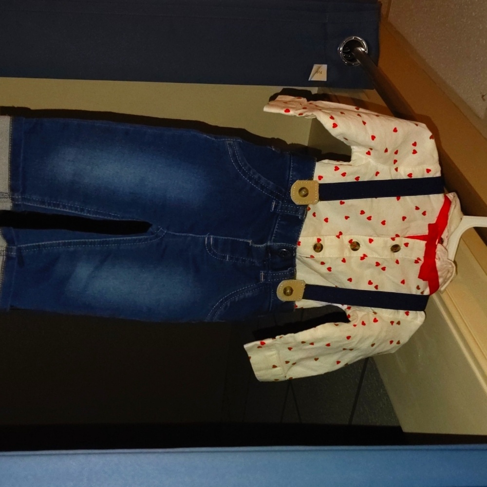 Baby valentines day overalls outfit.